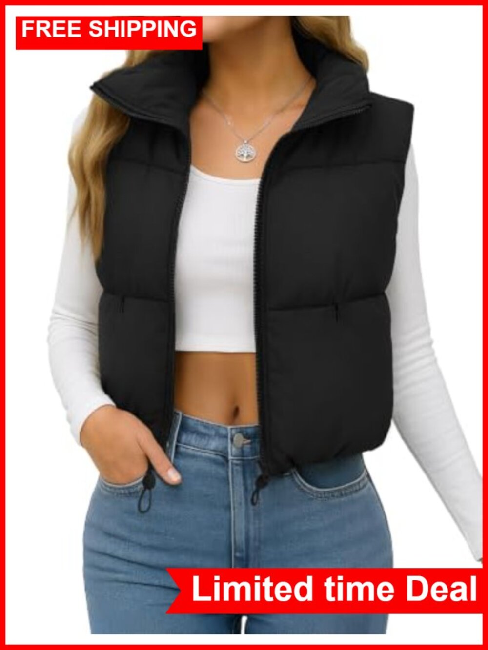 Women's Cropped Puffer Vest Lightweight Quilted Padded Zip Up Vest